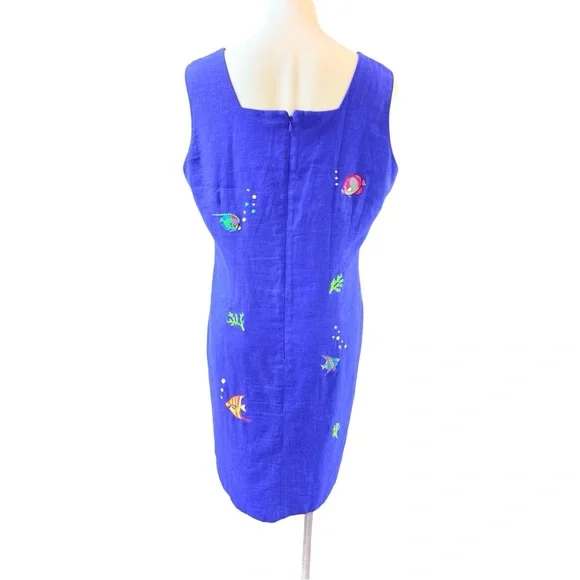 Cobalt Blue Linen Blend Fish Embroidered Shift Dress Coastal 16P - Picture 4 of 11